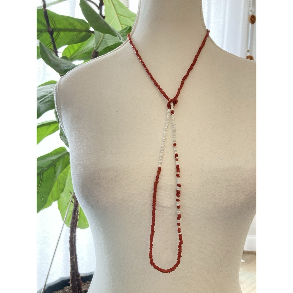 Red White Seed‎ Bead Lariat Necklace Handmade Boho Y Necklace Lightweight